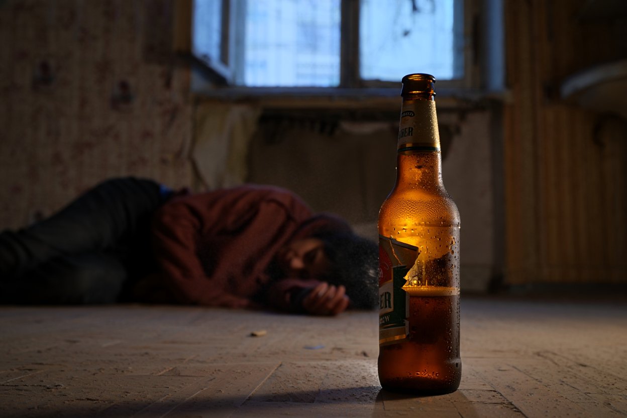 Бутылка алкоголя на фоне человека