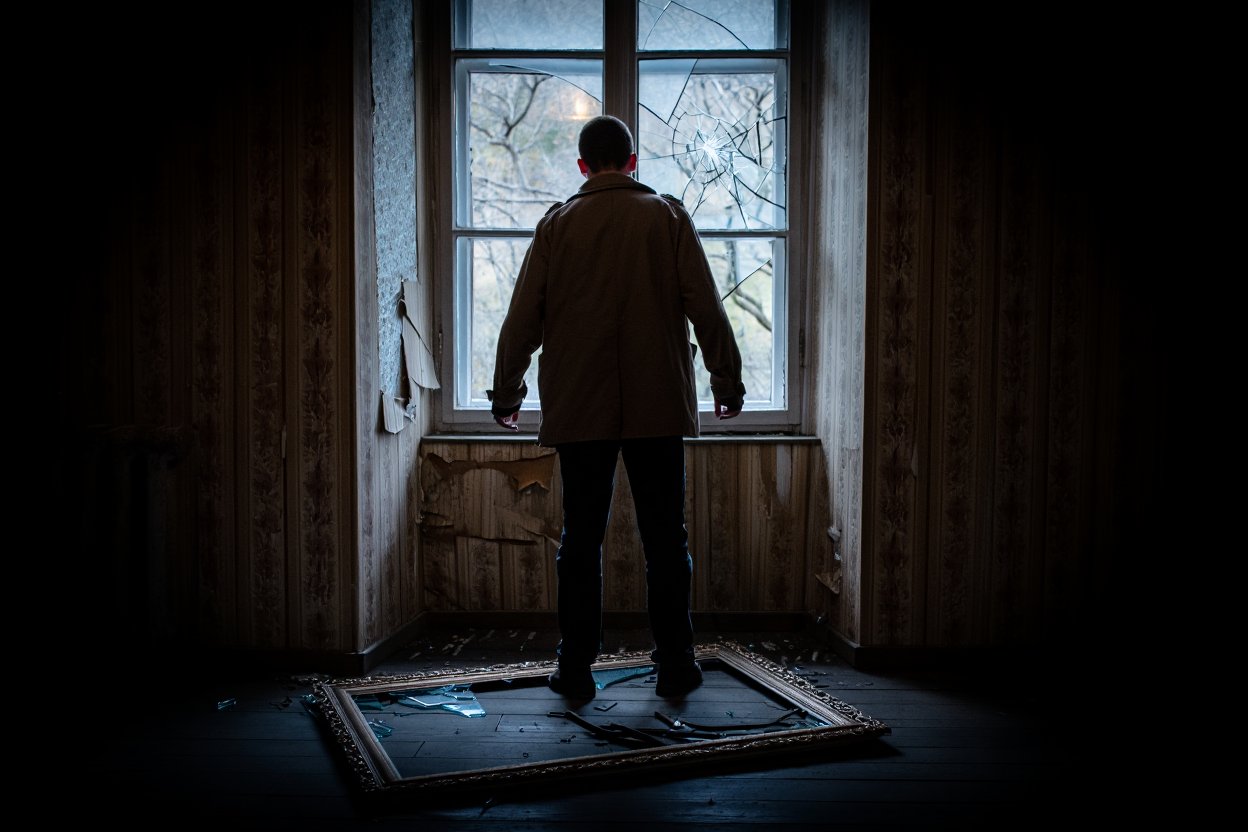 Мужчина стоит посреди разбитой комнаты